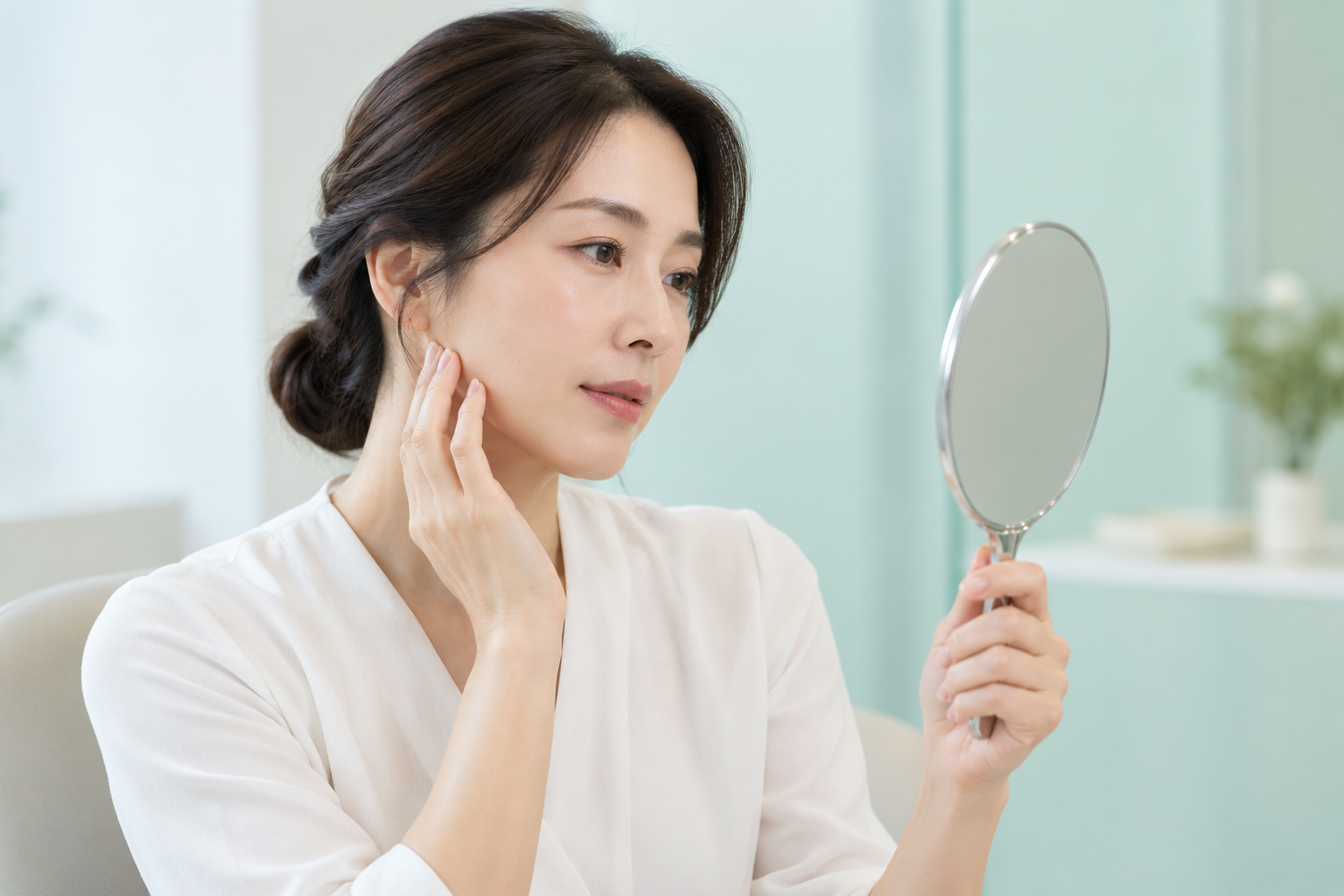 거울로 볼과 턱선을 살펴보는 AI 모델의 상담 설명 이미지