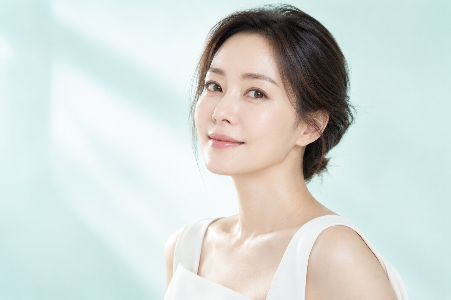 밝은 민트색 배경의 실리프팅 안내용 AI 모델 이미지